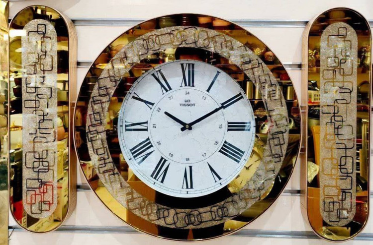 ساعت دیواری تیسوت آینه ای باکس دار گرد (گوشواره دار) طلایی