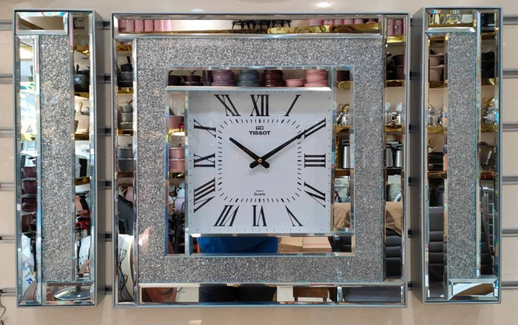 ساعت دیواری تیسوت آینه ای باکس دار چهارگوش (گوشواره دار) نقره ای کروم