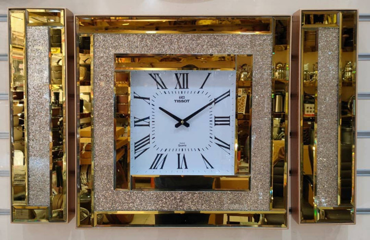 ساعت دیواری تیسوت آینه ای باکس دار چهارگوش (گوشواره دار) طلایی