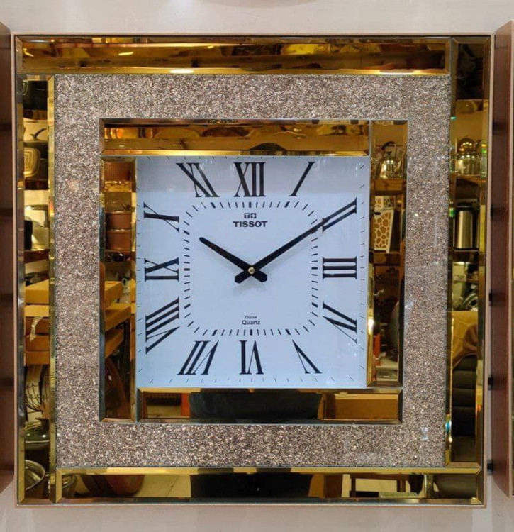 ساعت دیواری تیسوت آینه ای چهارگوش طلایی